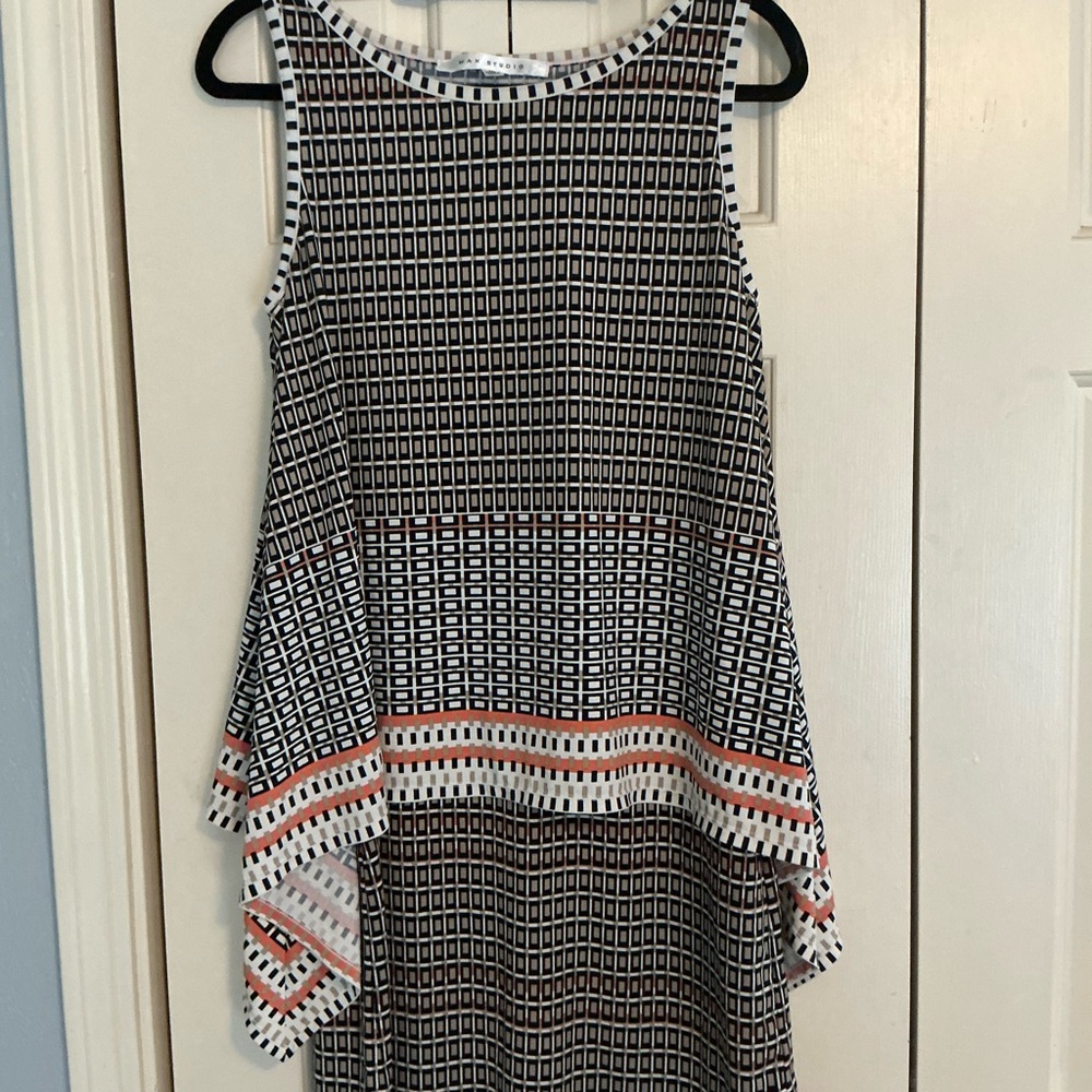Max Studio Navy, White & Coral Geometric Tank Dress